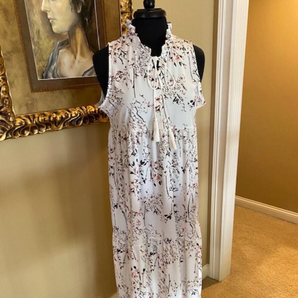 Summer Dress with Tassel Tie Front, Ankle Length, Ruffle Details, Ankle SZ Large